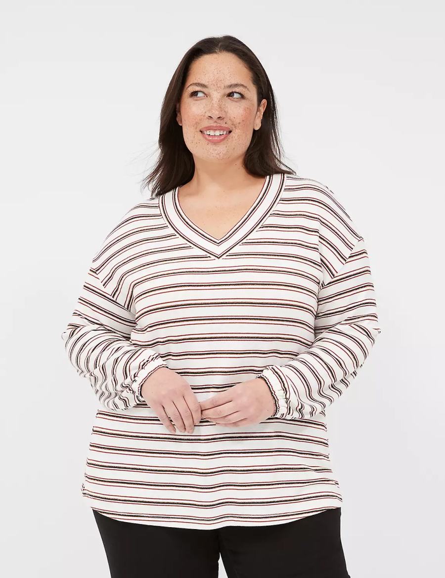 Lane Bryant Lurex Blouson-Sleeve V-Neck Tunic Women T Shirts White Black Stripes | TOV7644NP