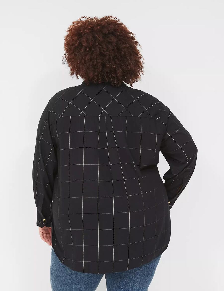 Lane Bryant Lurex Button-Down Plaid Flannel Women Shirts Black | FSN8922DU