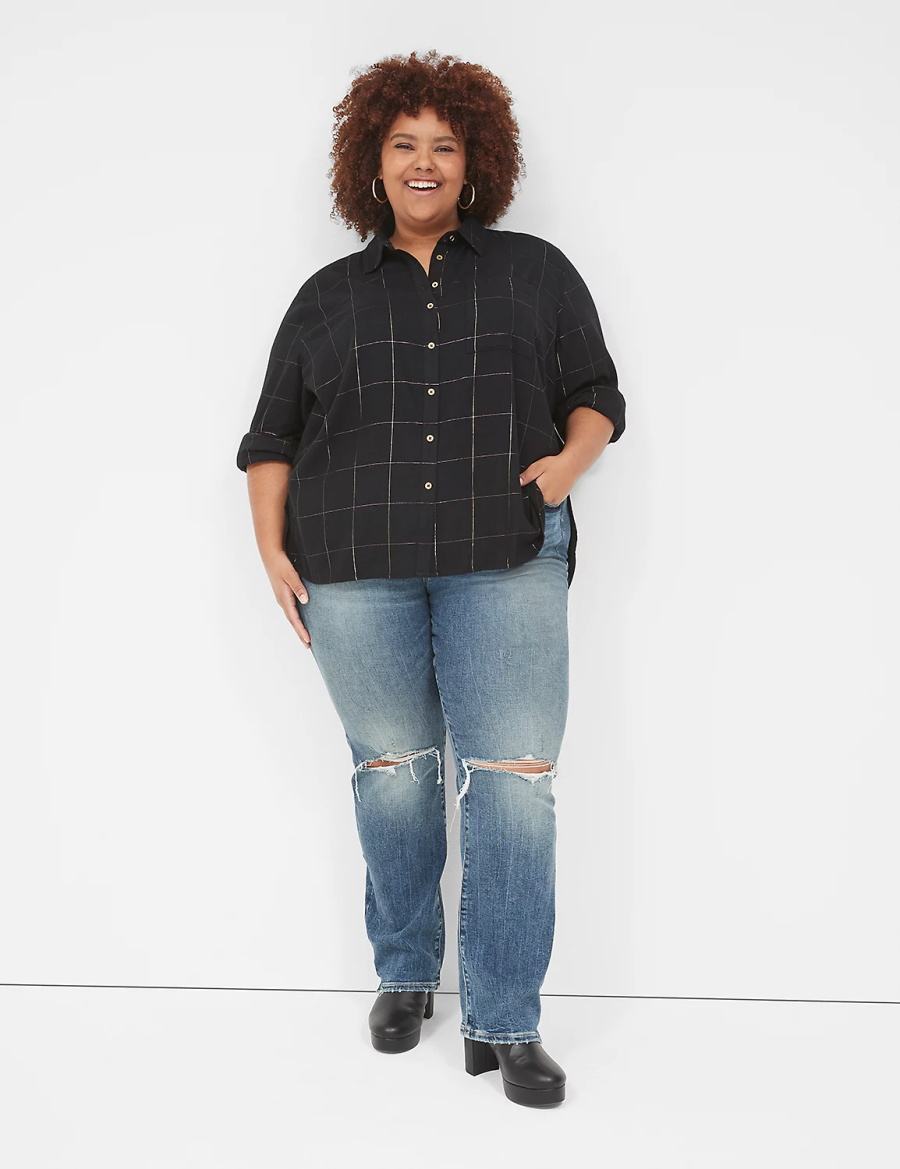 Lane Bryant Lurex Button-Down Plaid Flannel Women Shirts Black | FSN8922DU