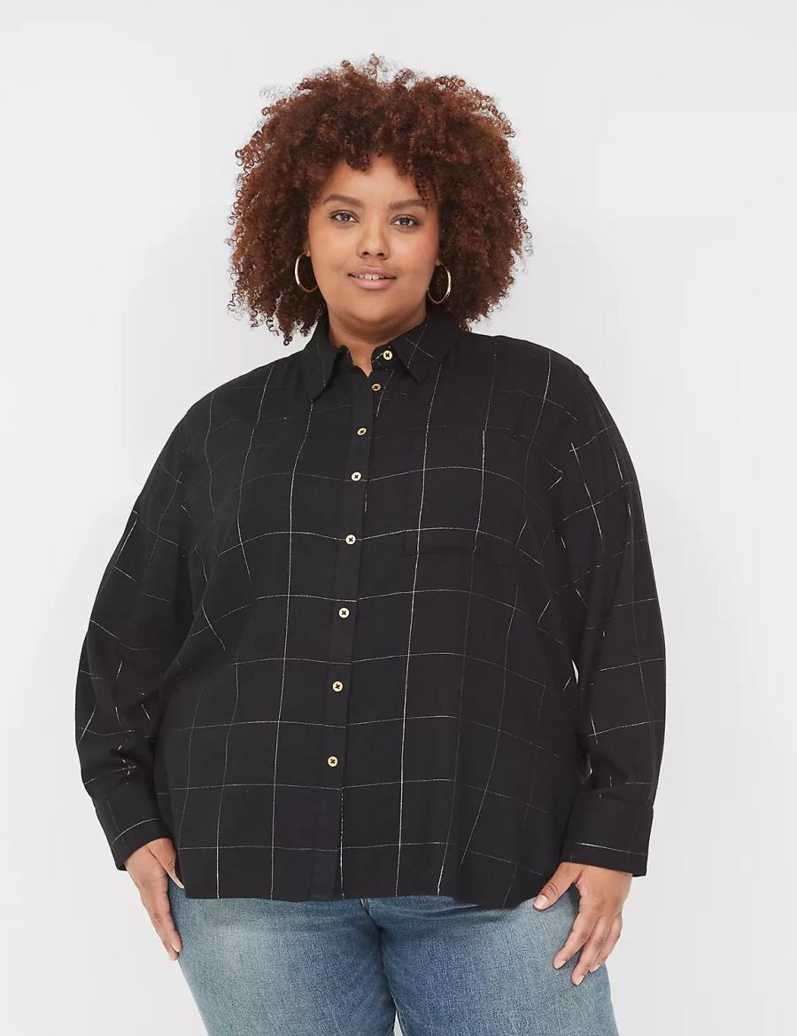 Lane Bryant Lurex Button-Down Plaid Flannel Women Shirts Black | FSN8922DU