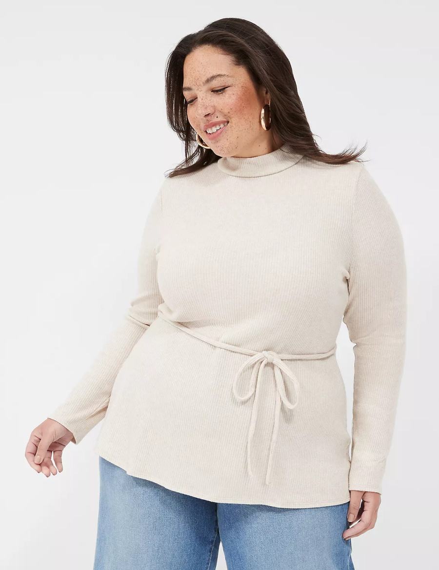 Lane Bryant Lurex Mock-Neck Tie-Waist Top Women Sweaters Beige | HSE6435AV