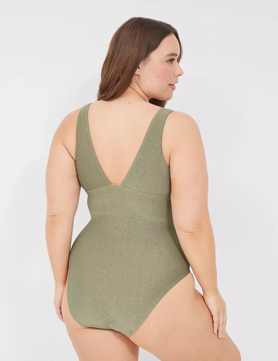 Lane Bryant Lurex No-Wire Plunge One-Piece Women Swimsuits Green | YFP3550FF