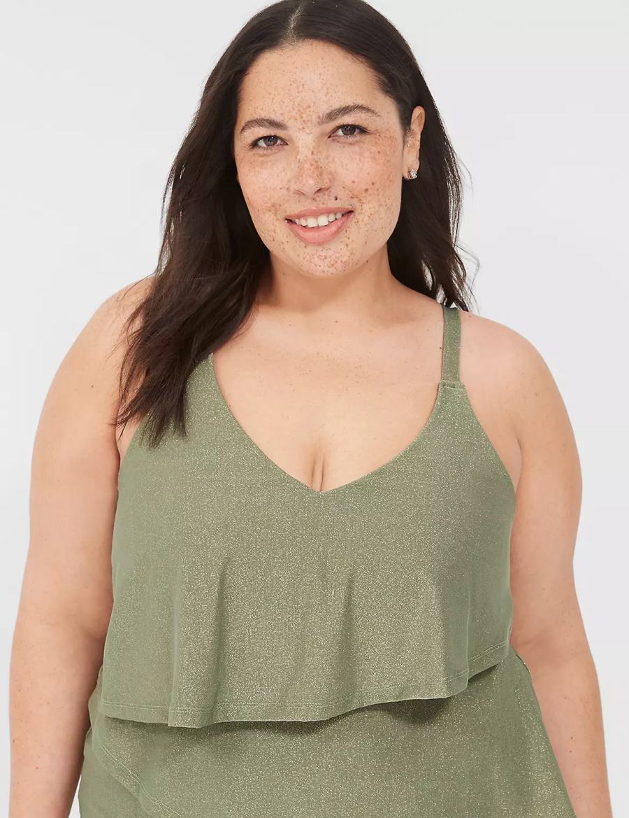 Lane Bryant Lurex No-Wire Three-Tier Tankini Women Bikini Top Green | MUI6055TZ