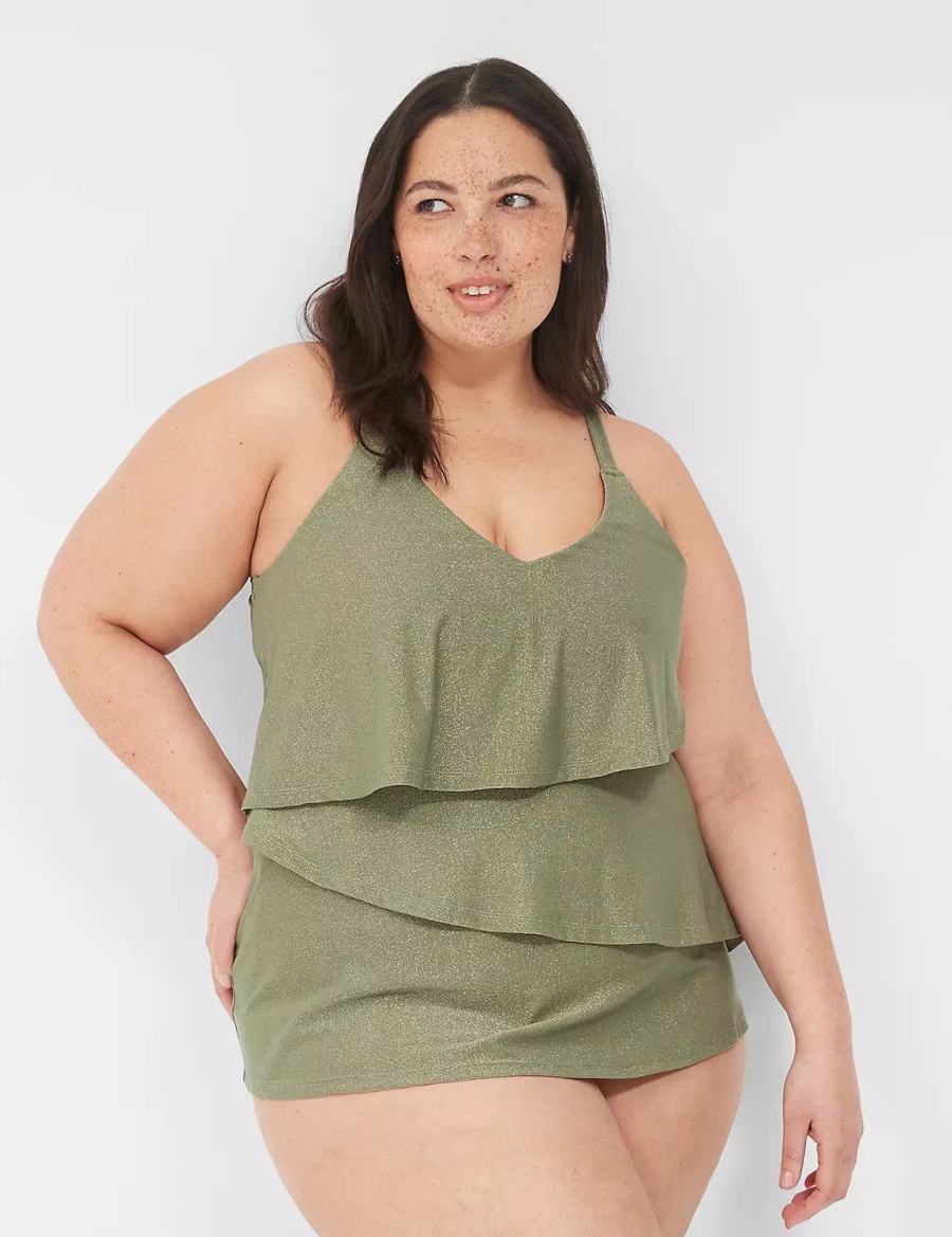 Lane Bryant Lurex No-Wire Three-Tier Tankini Women Bikini Top Green | MUI6055TZ