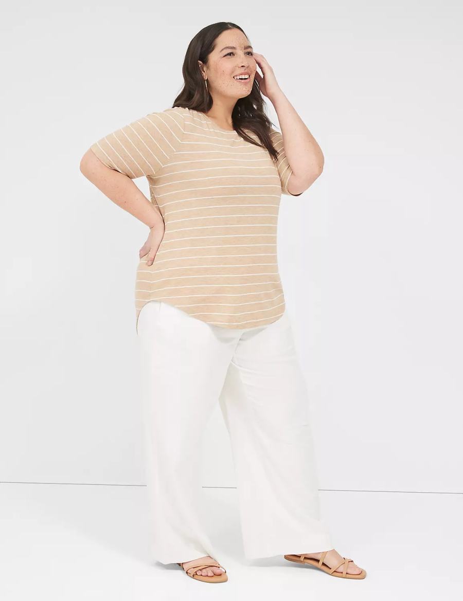 Lane Bryant Lurex Perfect Sleeve Crew-Neck Tee Women T Shirts Brown Stripes | SUX732JU