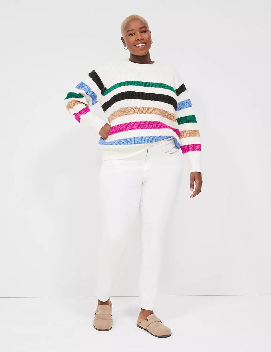 Lane Bryant Lurex Stripe Crew-Neck Women Sweaters White Stripes | UAG6775BV