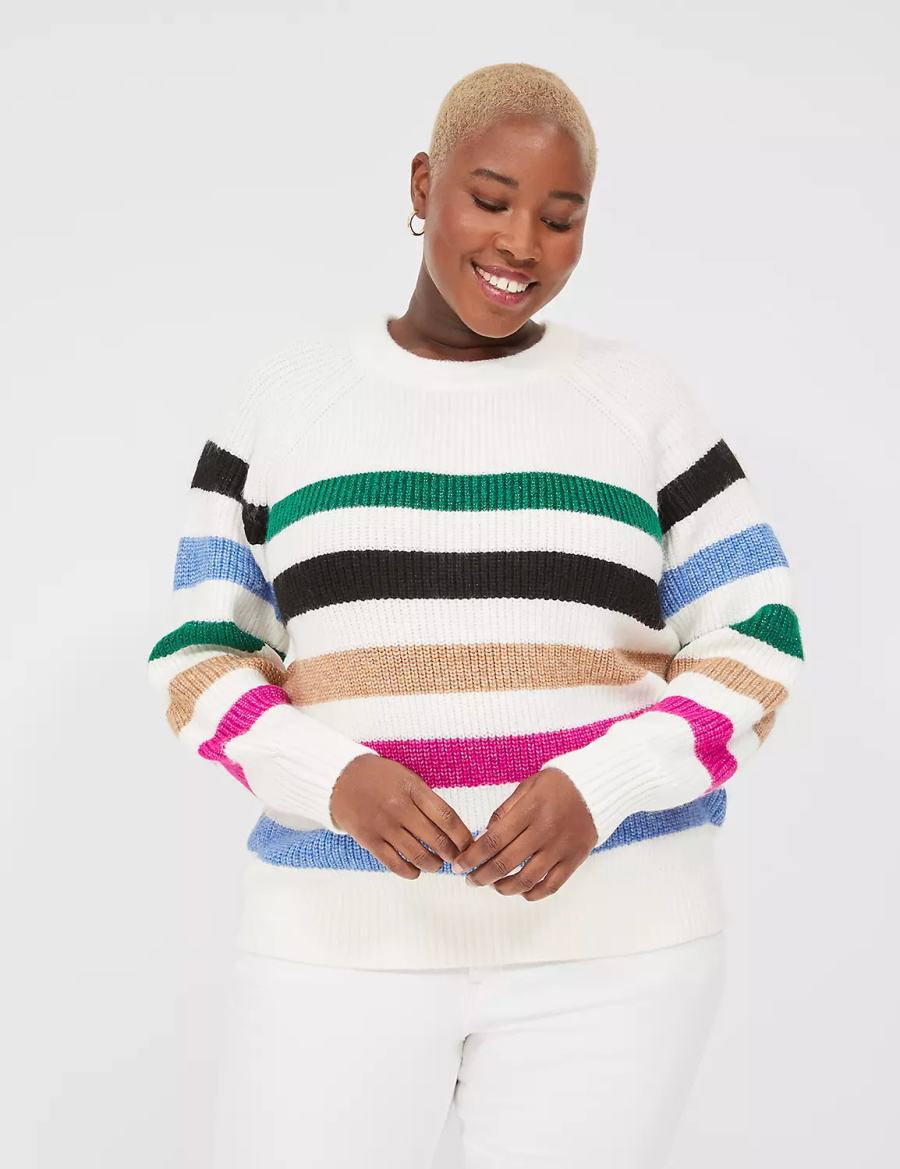 Lane Bryant Lurex Stripe Crew-Neck Women Sweaters White Stripes | UAG6775BV