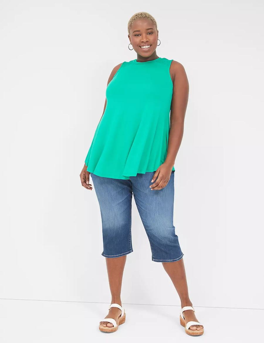 Lane Bryant Max Swing High-Neck Smocked-Shoulder Tunic Women T Shirts Turquoise | CBC2652ED