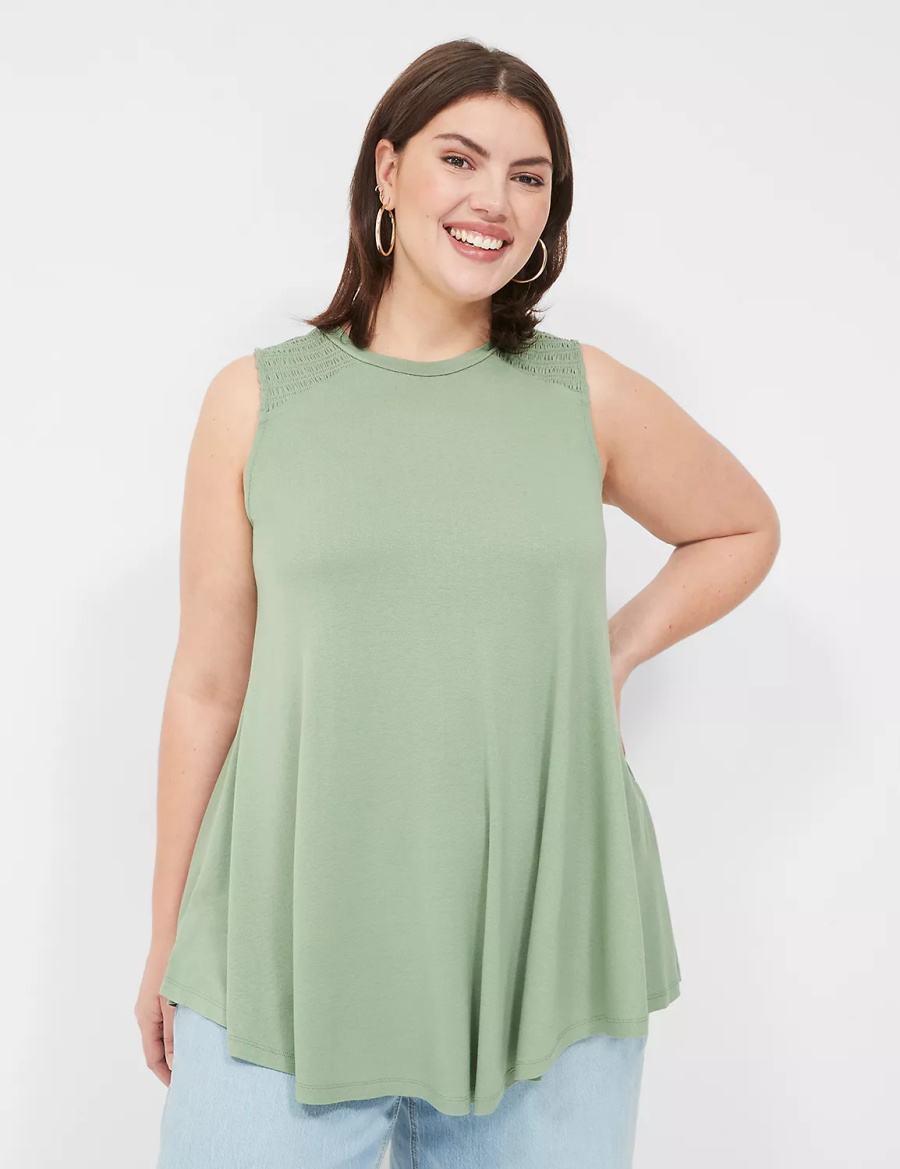 Lane Bryant Max Swing High-Neck Smocked-Shoulder Tunic Women T Shirts Light Green | EQG4490BC