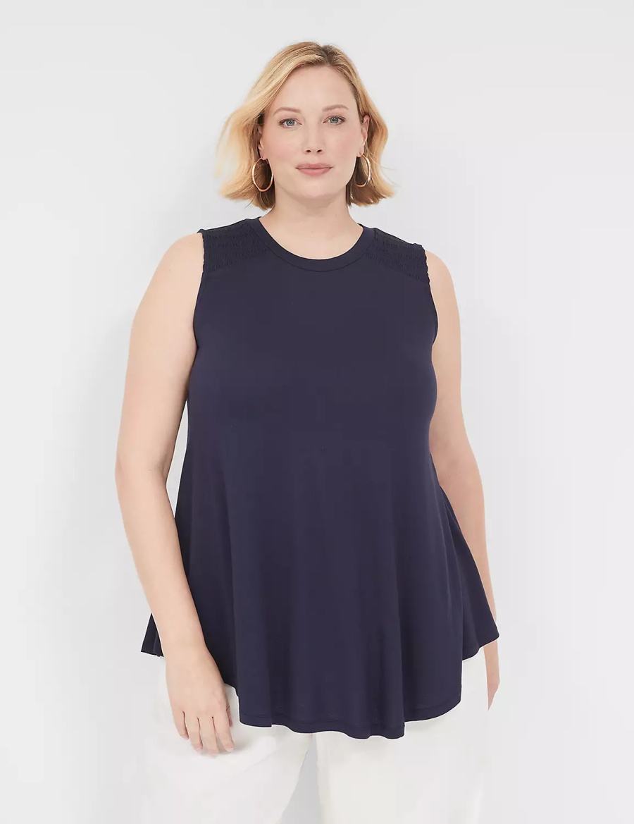 Lane Bryant Max Swing High-Neck Smocked-Shoulder Tunic Women T Shirts Blue | JLD2113CZ