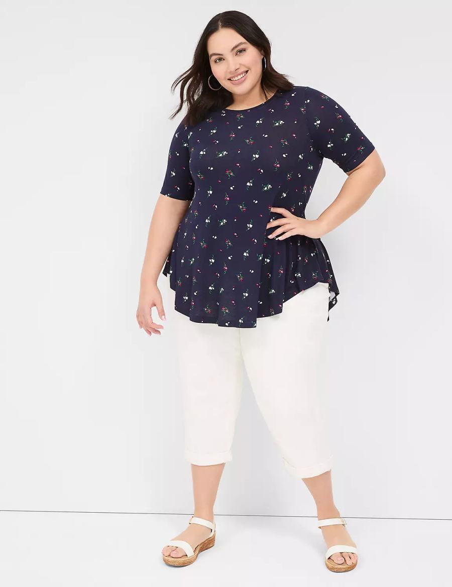 Lane Bryant Max Swing Perfect Sleeve Crew-Neck Tee Women T Shirts Navy Multicolor | JHF9624RA