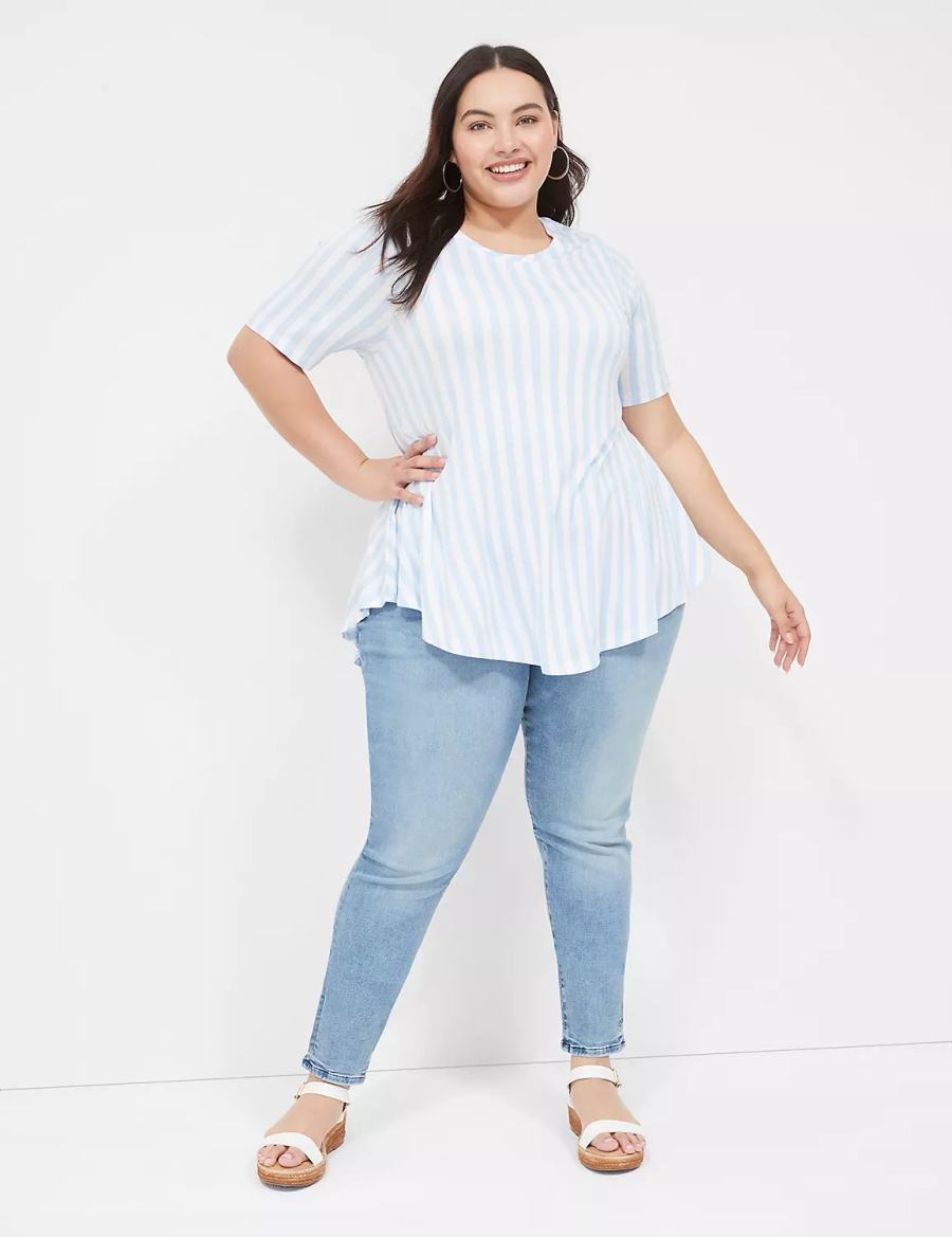 Lane Bryant Max Swing Perfect Sleeve Crew-Neck Tee Women T Shirts Light Blue Stripes | CIG4764NX