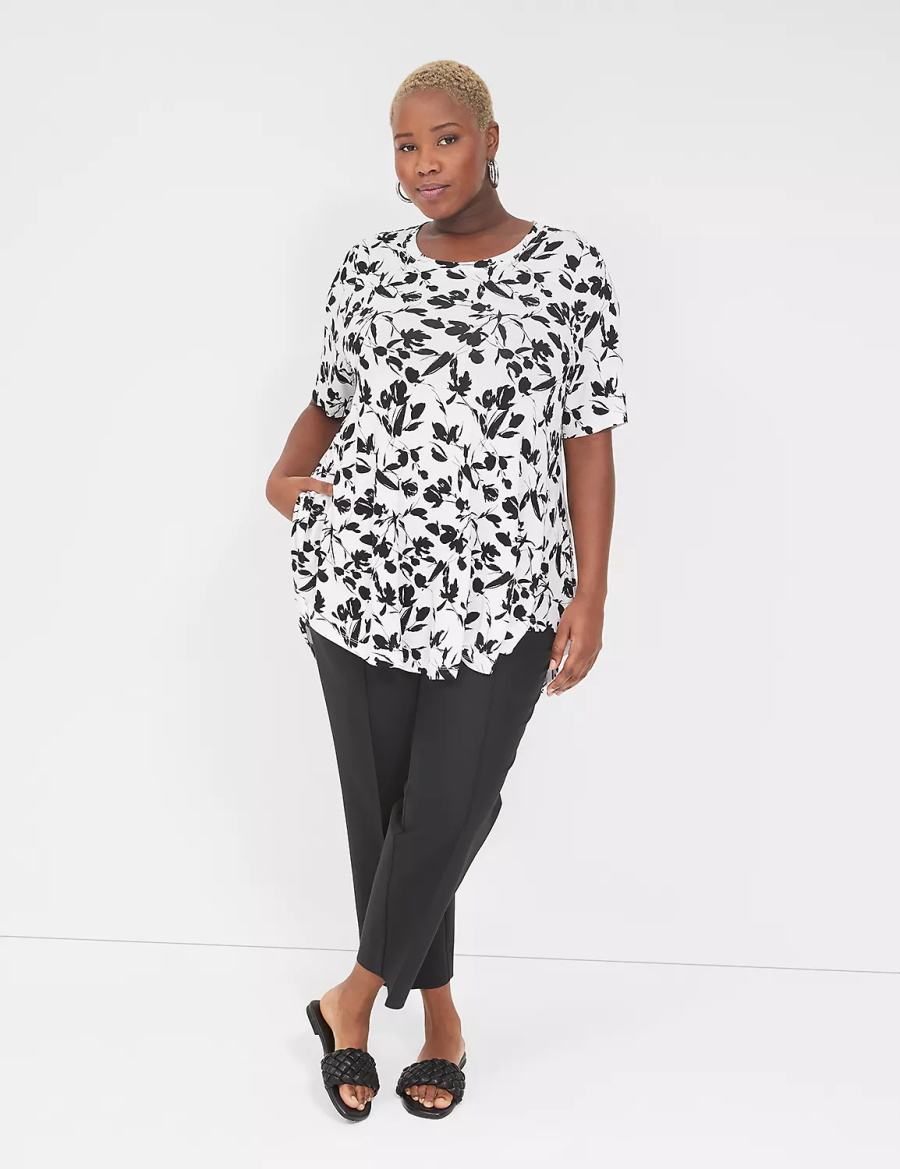 Lane Bryant Max Swing Perfect Sleeve Crew-Neck Tee Women T Shirts Black White | CMF615HE