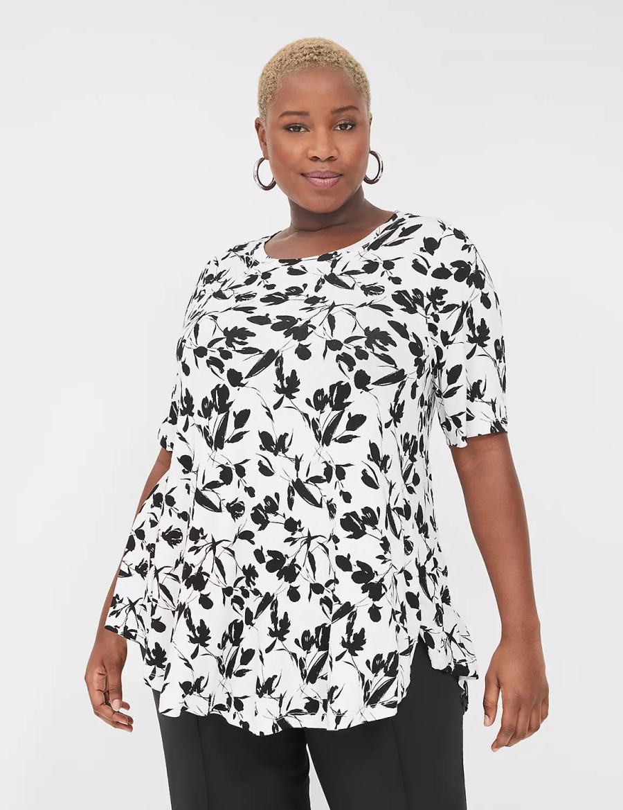 Lane Bryant Max Swing Perfect Sleeve Crew-Neck Tee Women T Shirts Black White | CMF615HE