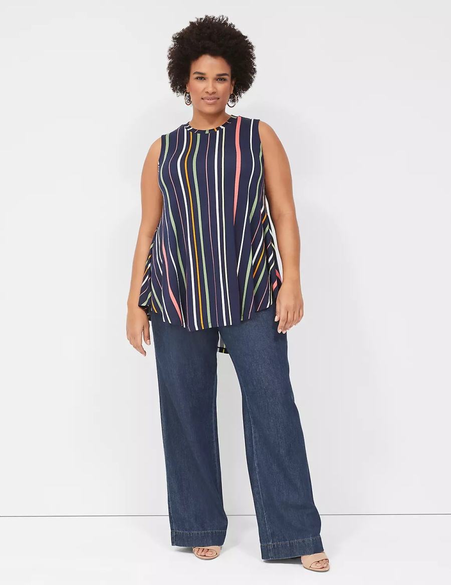 Lane Bryant Max Swing Sleeveless High-Neck Tunic Women T Shirts Navy Stripes | KSB8652VY