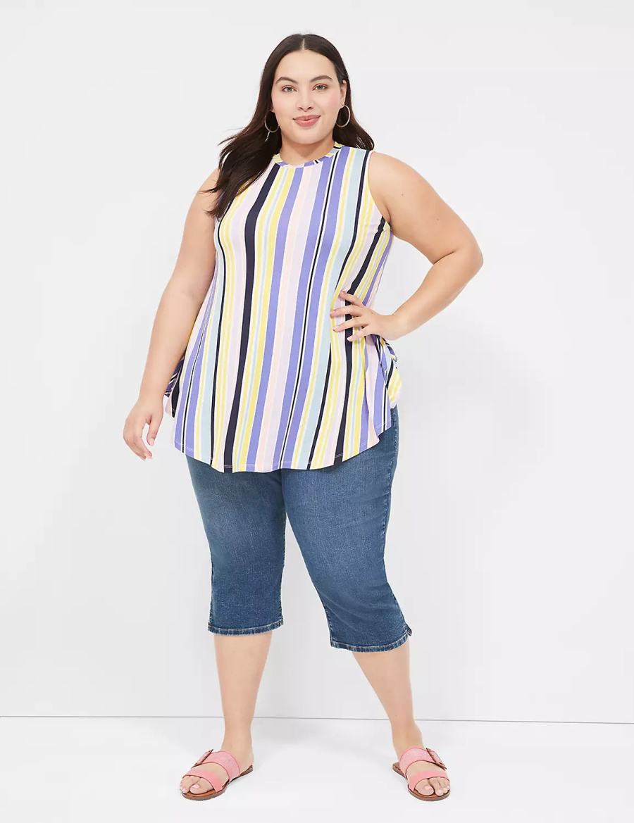 Lane Bryant Max Swing Sleeveless High-Neck Tunic Women T Shirts Purple Multicolor Stripes | ISX8314RA