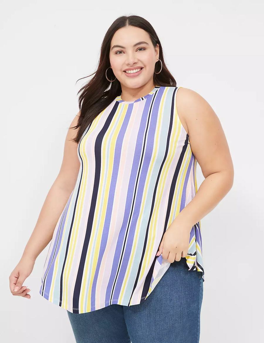 Lane Bryant Max Swing Sleeveless High-Neck Tunic Women T Shirts Purple Multicolor Stripes | ISX8314RA