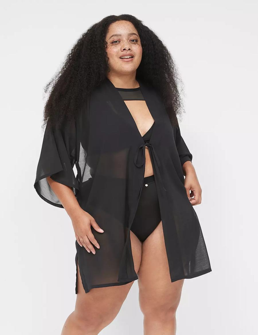 Lane Bryant Mesh Backless Kimono Women Dress Black | VXH6989KD