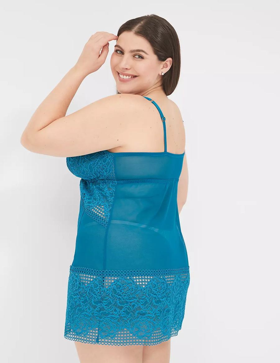 Lane Bryant Mesh & Lace Slip Women Dress Blue | ZEK7789HR