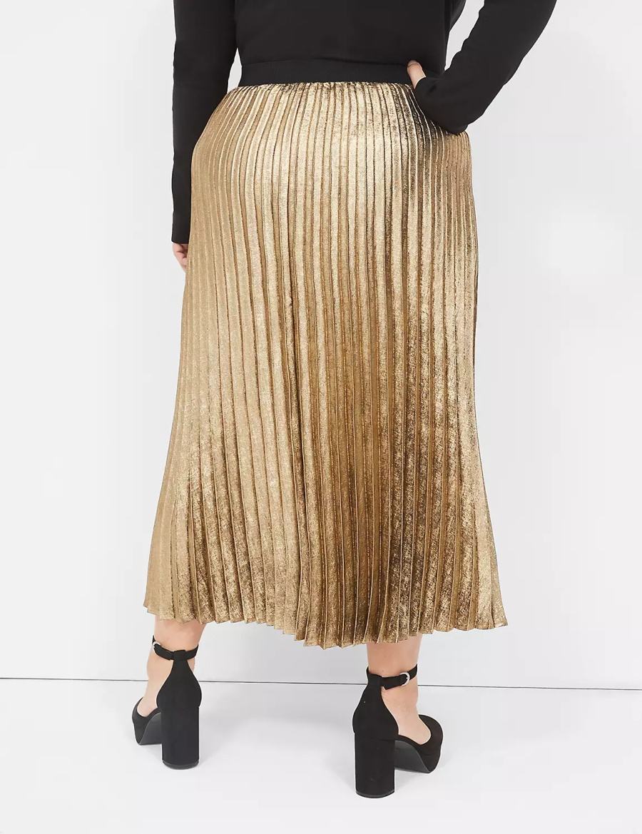 Lane Bryant Metallic Pleated Midi Women Skirts Gold | IWP8590YE