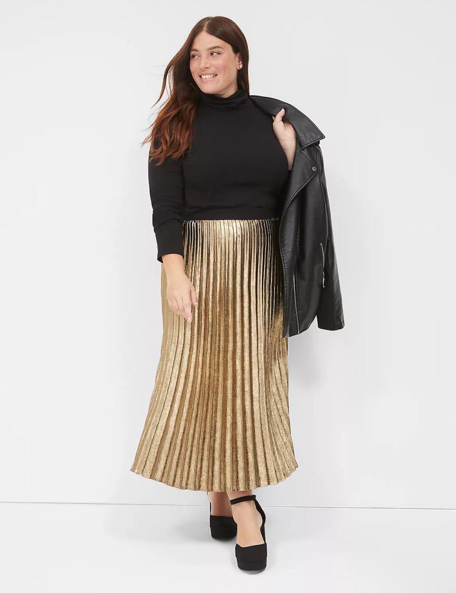 Lane Bryant Metallic Pleated Midi Women Skirts Gold | IWP8590YE