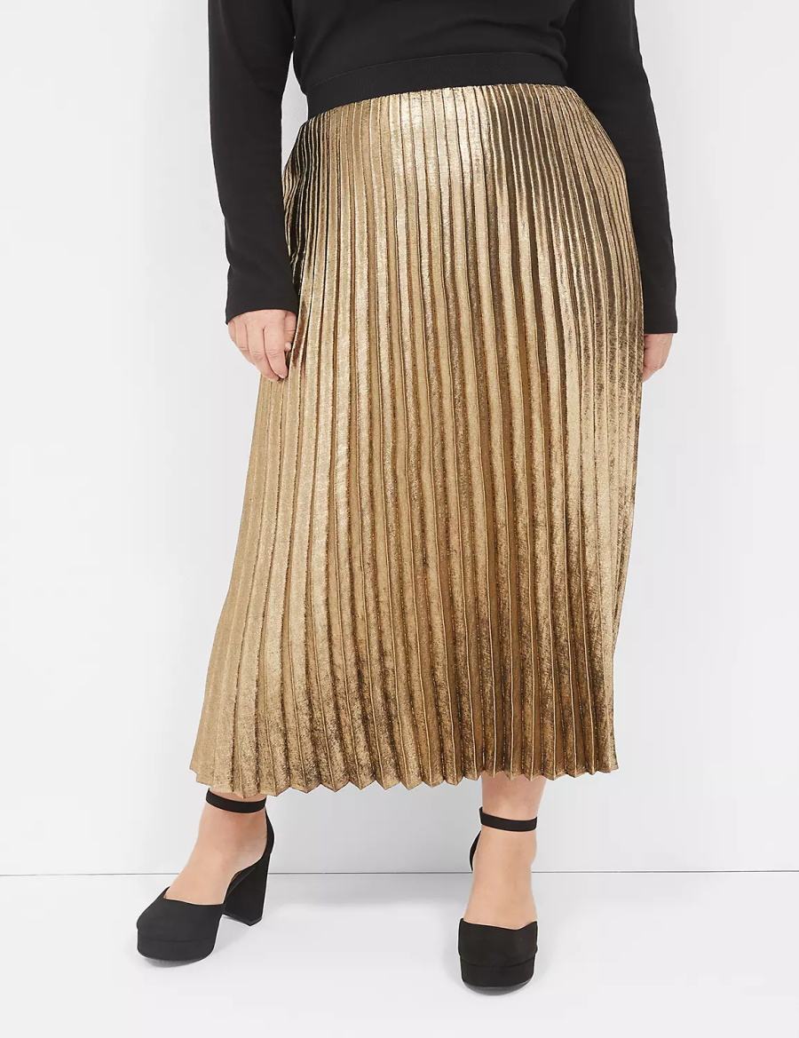 Lane Bryant Metallic Pleated Midi Women Skirts Gold | IWP8590YE