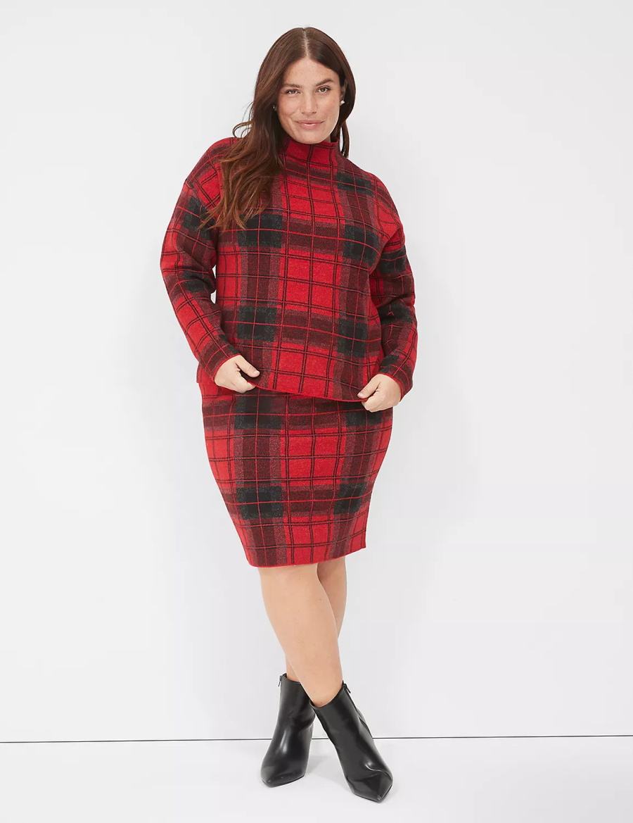 Lane Bryant Mock-Neck Plaid Women Sweaters Red | WYV2455RQ