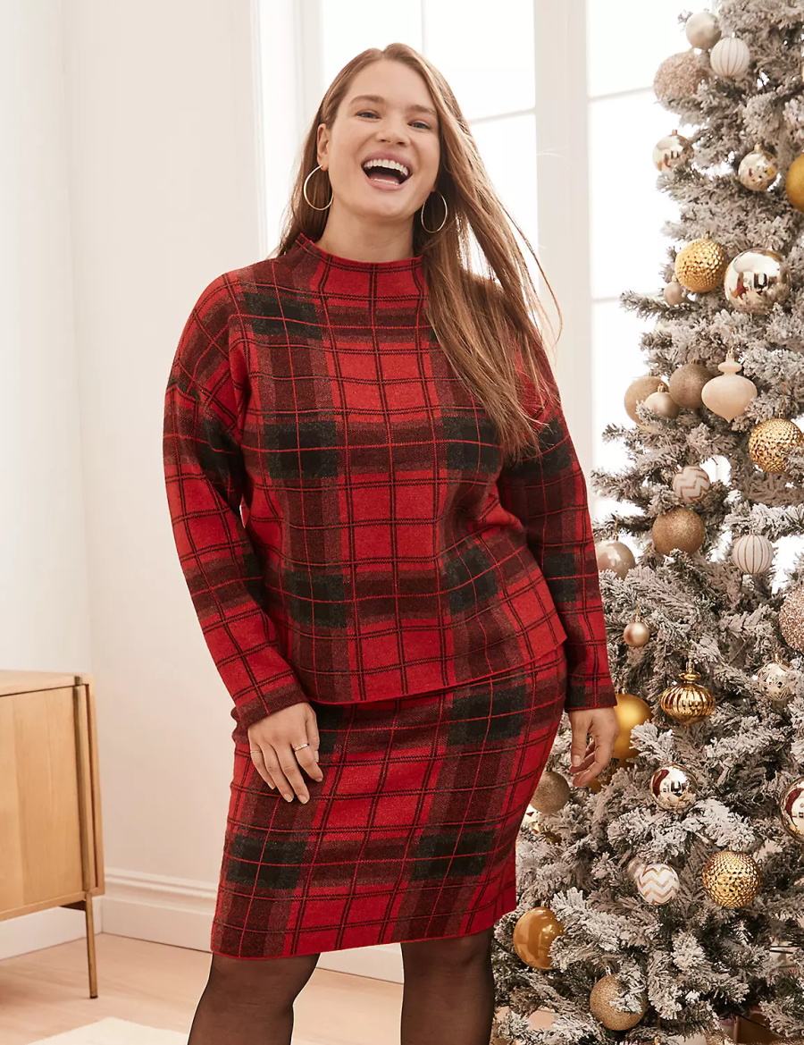 Lane Bryant Mock-Neck Plaid Women Sweaters Red | WYV2455RQ