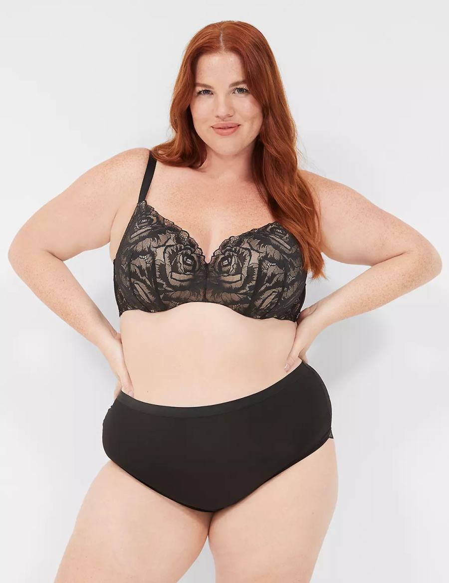 Lane Bryant No-Show Lace-Back Full Women Briefs Black | NWM2847CH