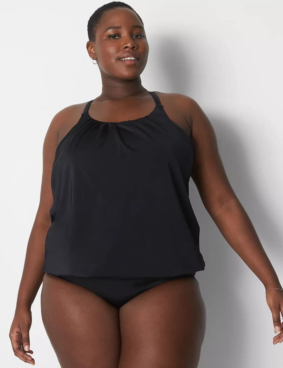 Lane Bryant No-Wire Blouson Swim Tankini Women Bikini Top Black | ZUS8870UY