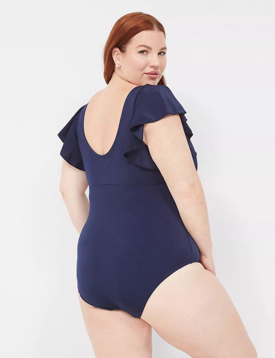 Lane Bryant No-Wire Flutter-Sleeve One-Piece Women Swimsuits Blue | WBS4889GB