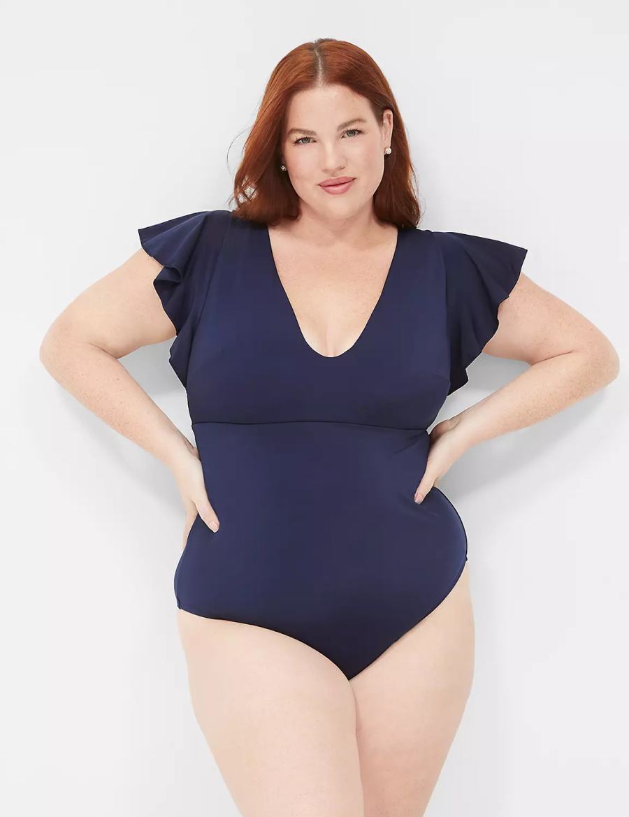 Lane Bryant No-Wire Flutter-Sleeve One-Piece Women Swimsuits Blue | WBS4889GB