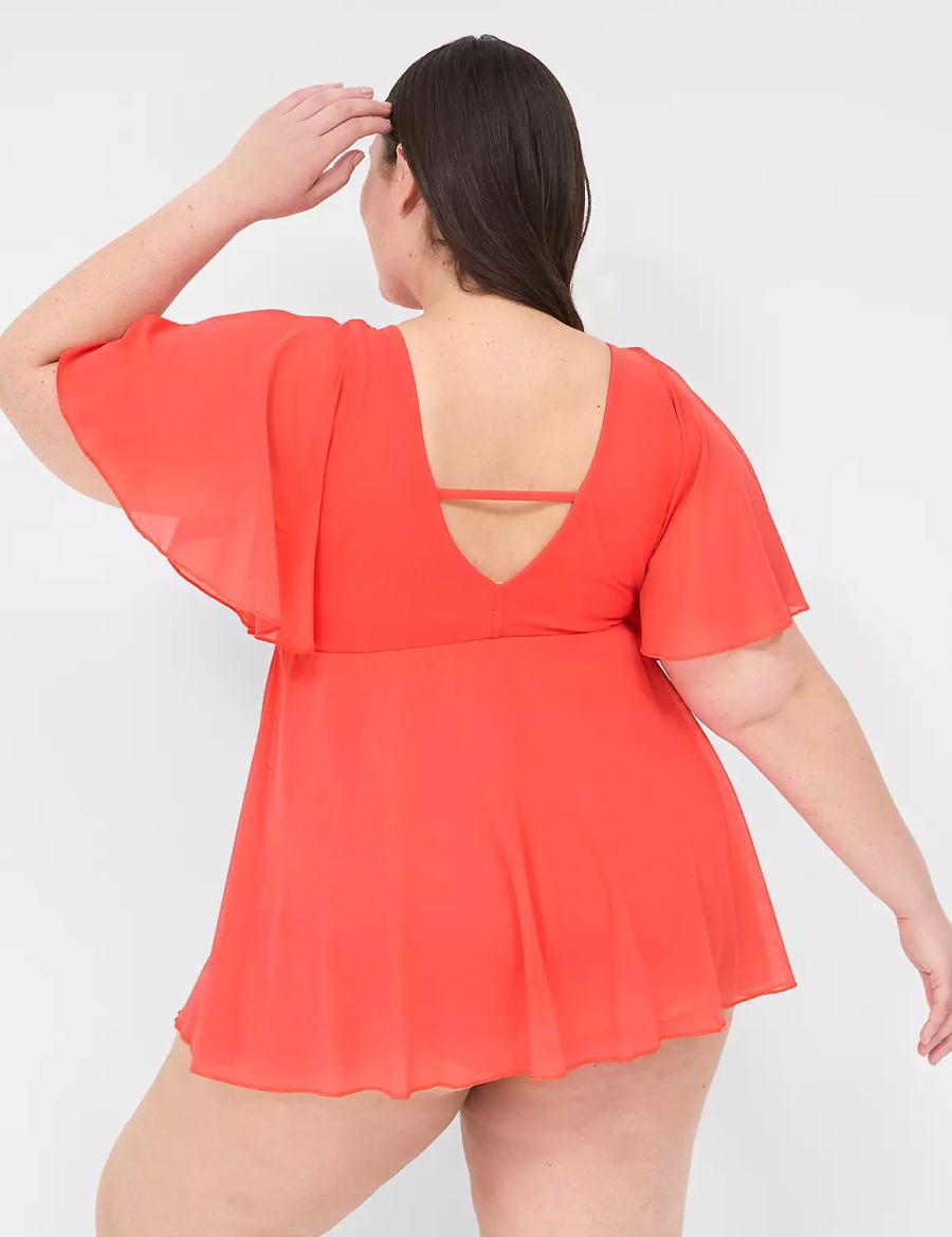 Lane Bryant No-Wire Flutter-Sleeve Swim Women Dress Coral | GSF8191DE