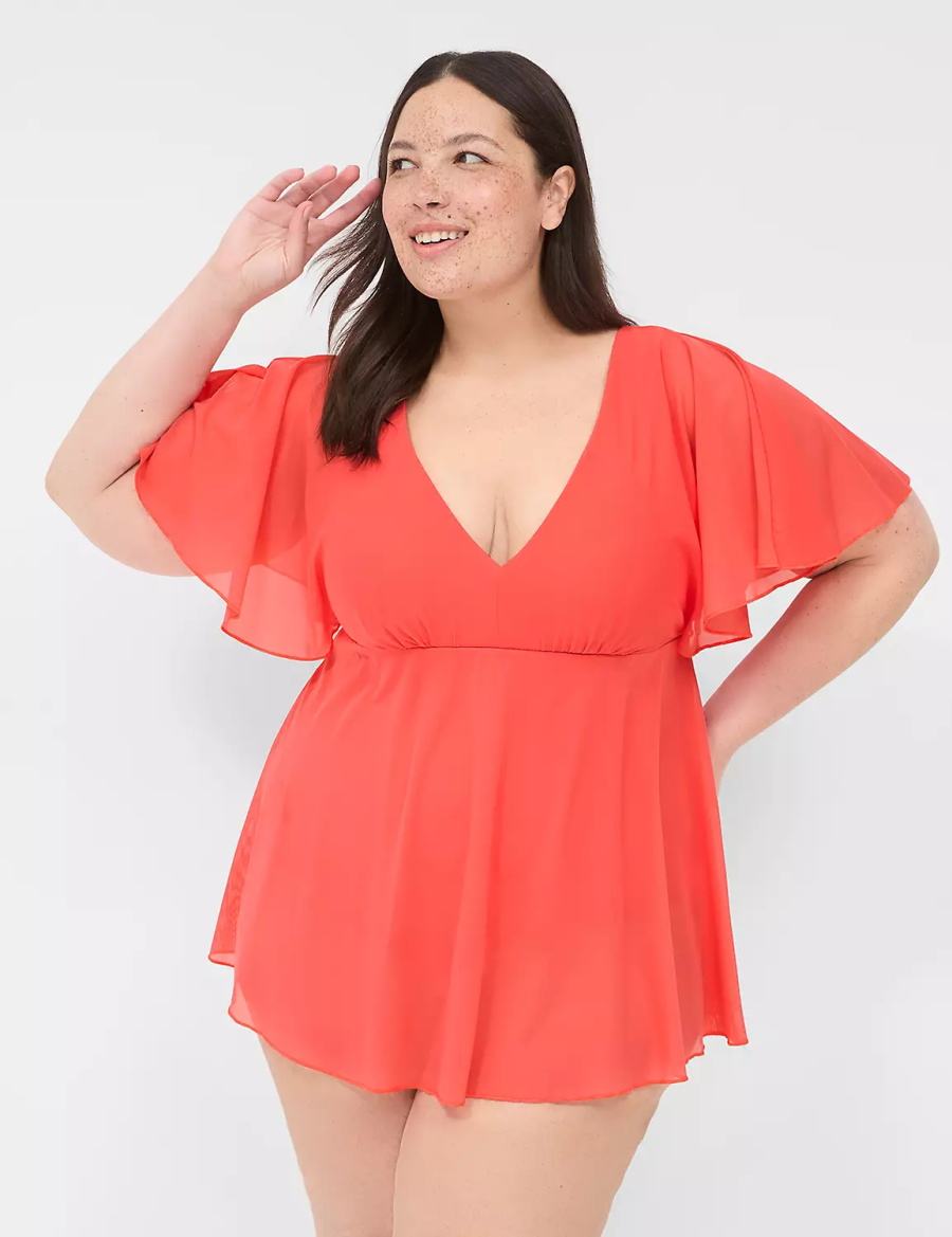 Lane Bryant No-Wire Flutter-Sleeve Swim Women Dress Coral | GSF8191DE