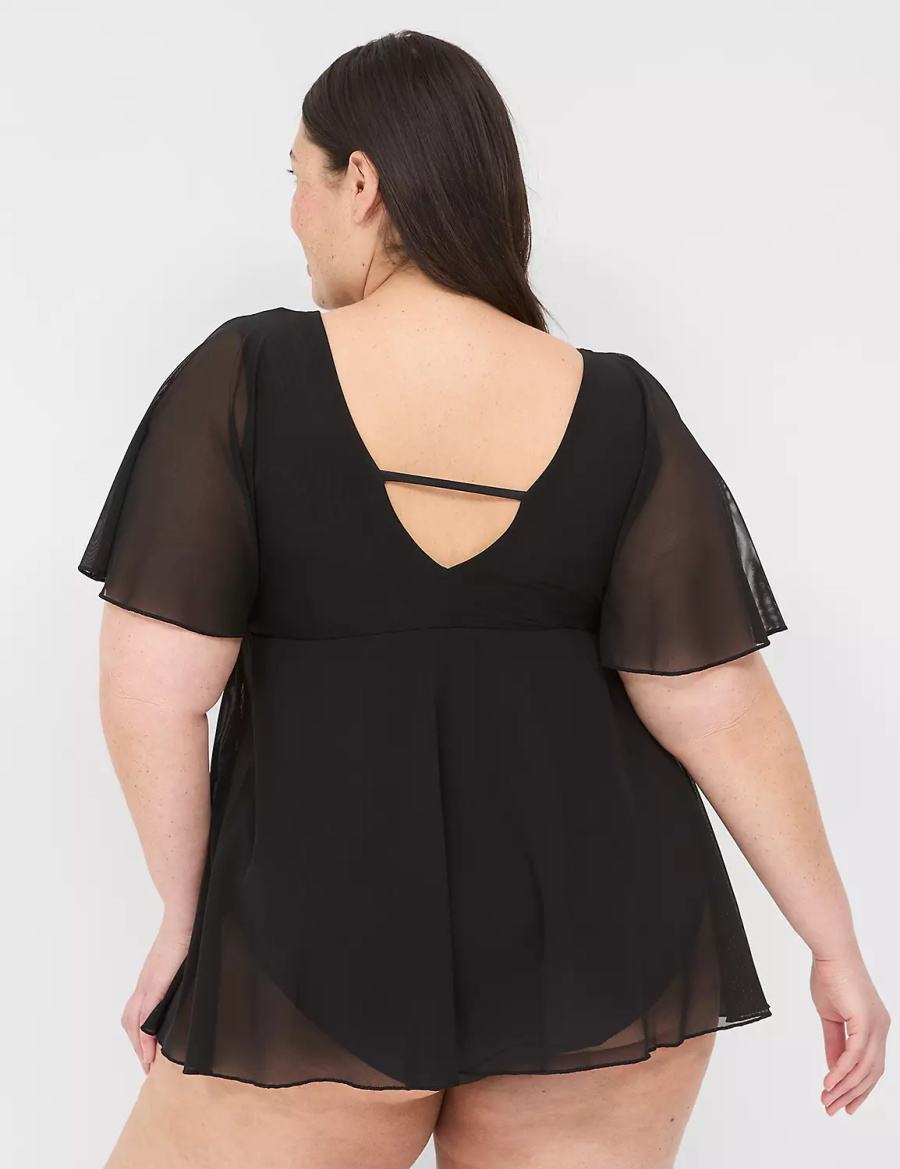 Lane Bryant No-Wire Flutter-Sleeve Swim Women Dress Black | VDC8748TQ