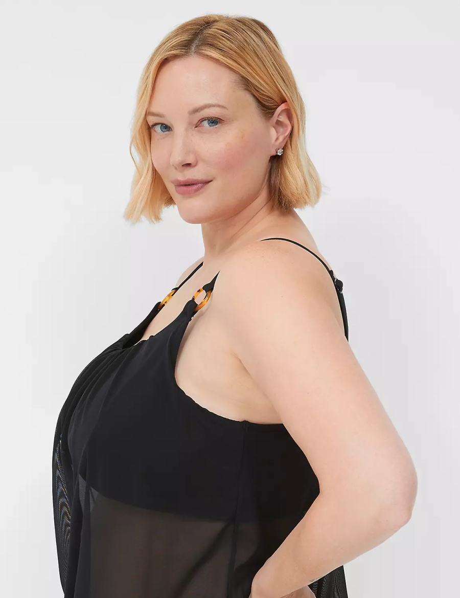 Lane Bryant No-Wire Mesh Blouson Tankini Women Bikini Top Black | NFC5579ZQ