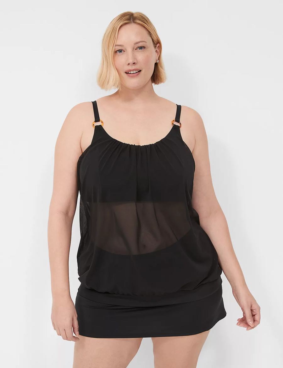 Lane Bryant No-Wire Mesh Blouson Tankini Women Bikini Top Black | NFC5579ZQ