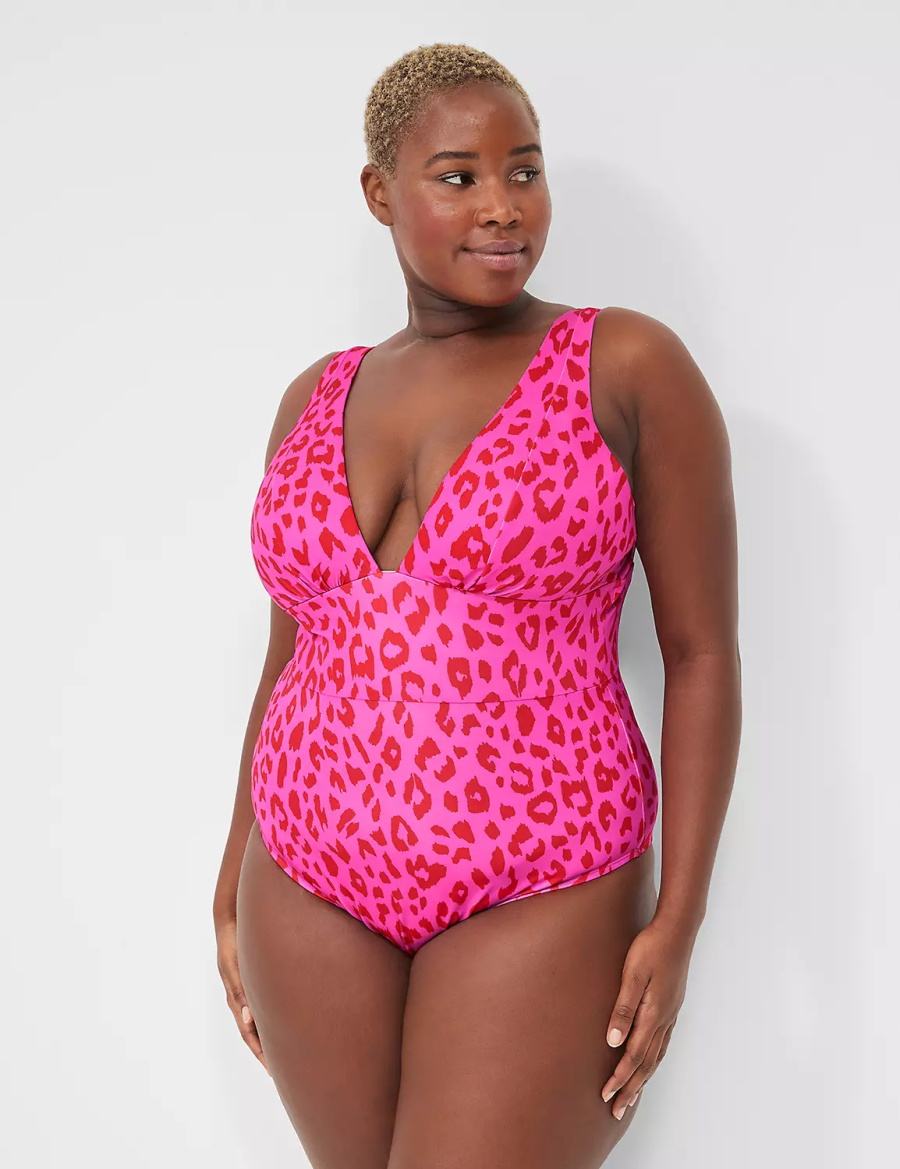 Lane Bryant No-Wire Plunge One-Piece Women Swimsuits Pink | TPA172CB