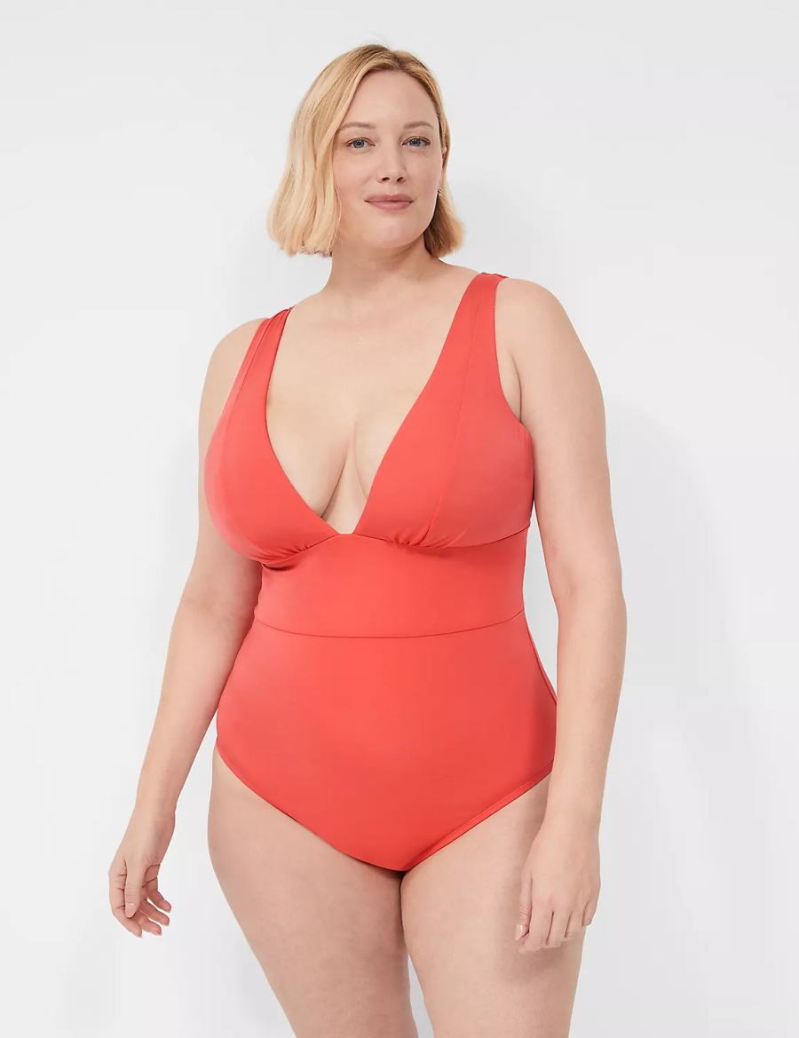 Lane Bryant No-Wire Plunge One-Piece Women Swimsuits Coral | IFC8953NC