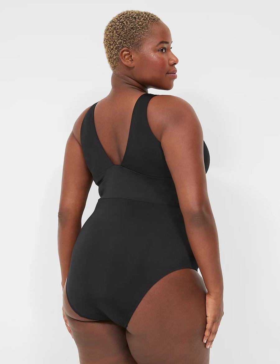 Lane Bryant No-Wire Plunge One-Piece Women Swimsuits Black | WMJ4932EO