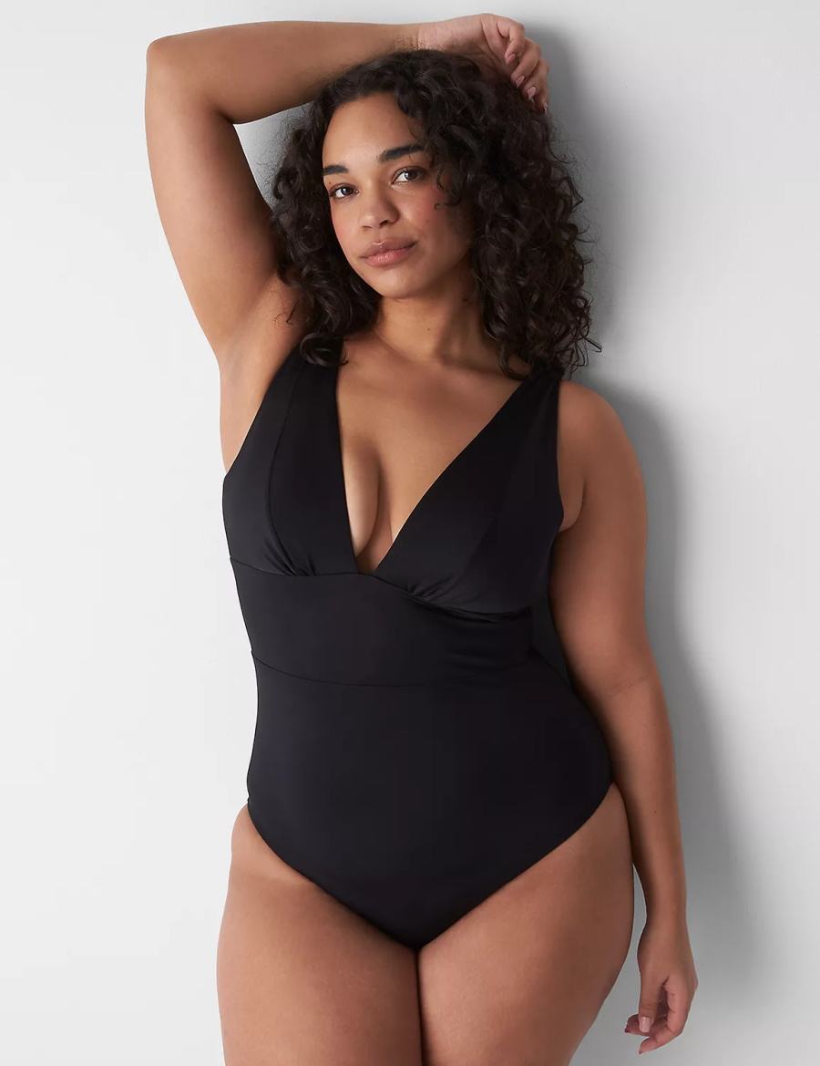 Lane Bryant No-Wire Plunge One-Piece Women Swimsuits Black | WMJ4932EO