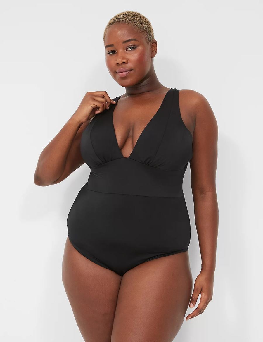 Lane Bryant No-Wire Plunge One-Piece Women Swimsuits Black | WMJ4932EO