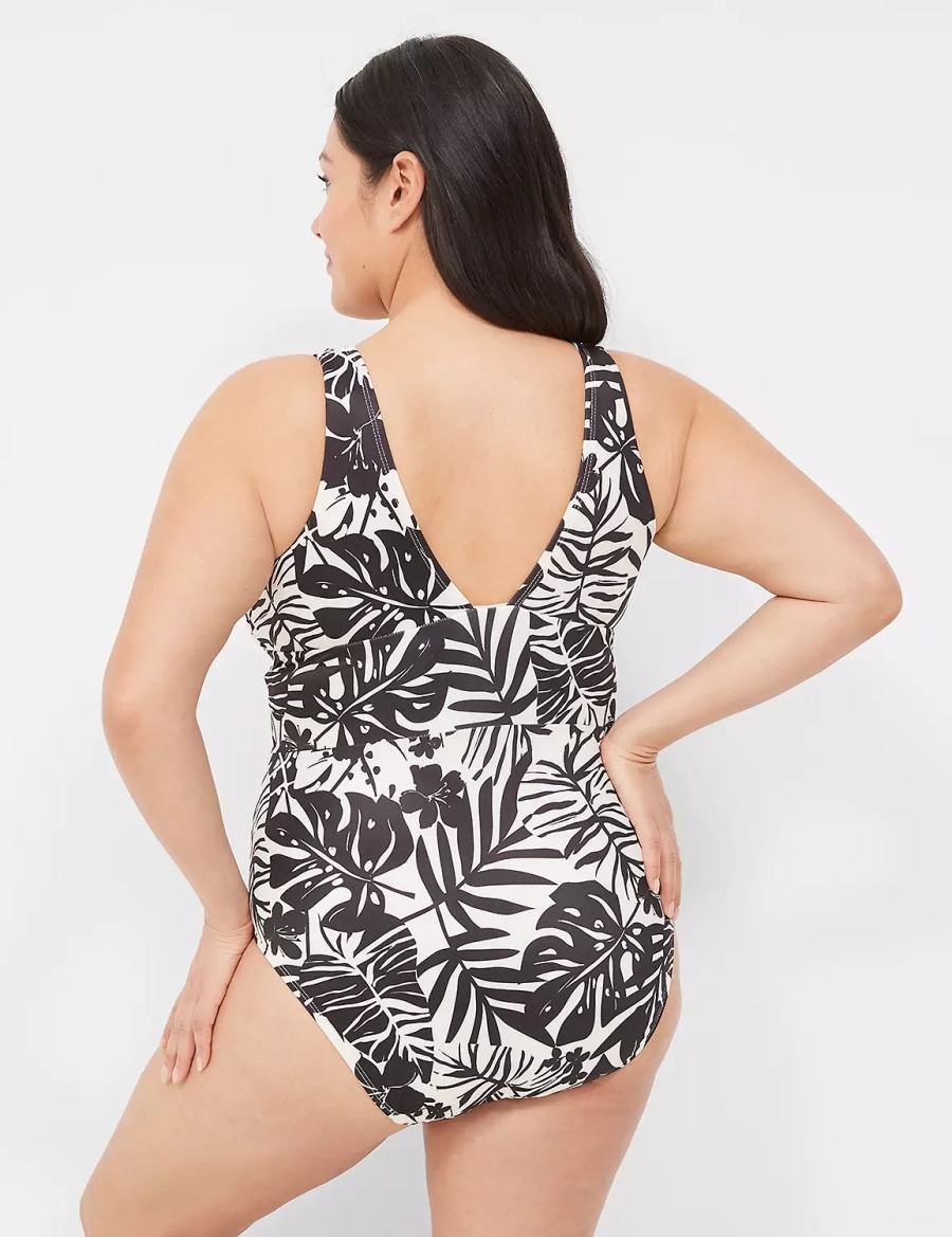 Lane Bryant No-Wire Plunge One-Piece Women Swimsuits White Black | SPM4229UU