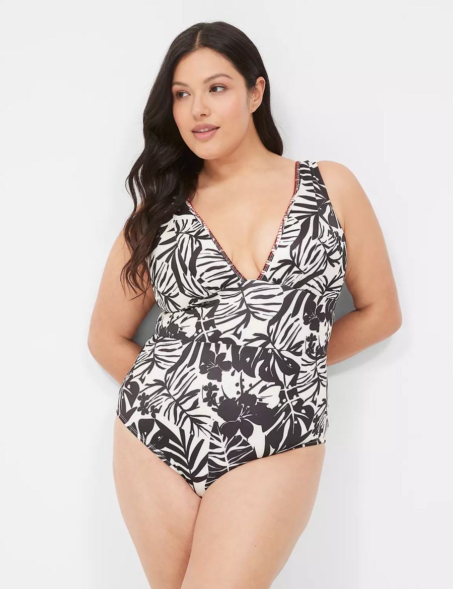 Lane Bryant No-Wire Plunge One-Piece Women Swimsuits White Black | SPM4229UU