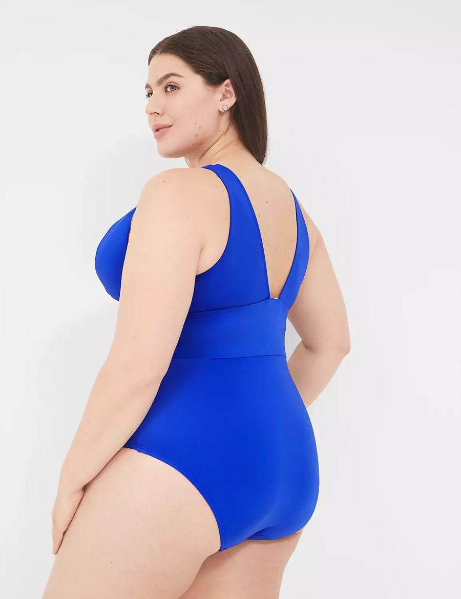 Lane Bryant No-Wire Plunge One-Piece Women Swimsuits Blue | VBJ873QF