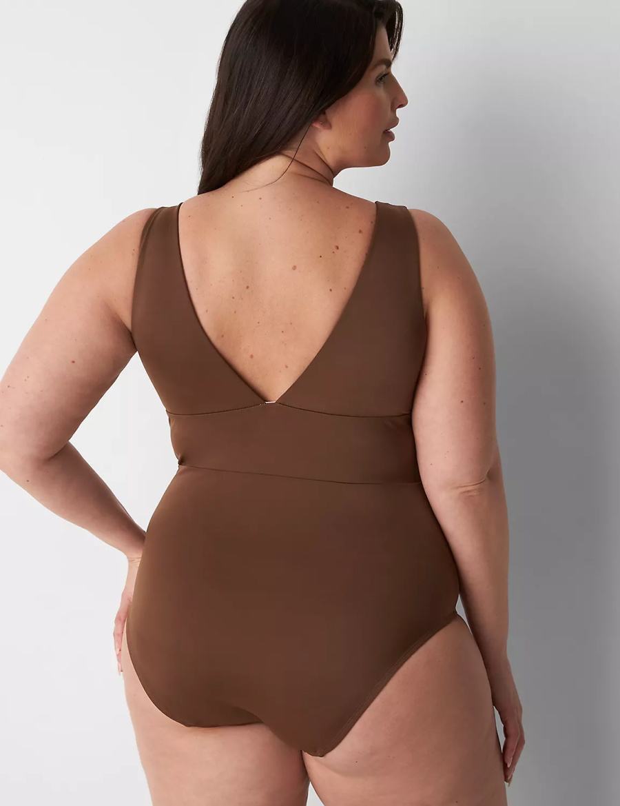 Lane Bryant No-Wire Plunge One-Piece Women Swimsuits Dark Brown | EFZ804QE