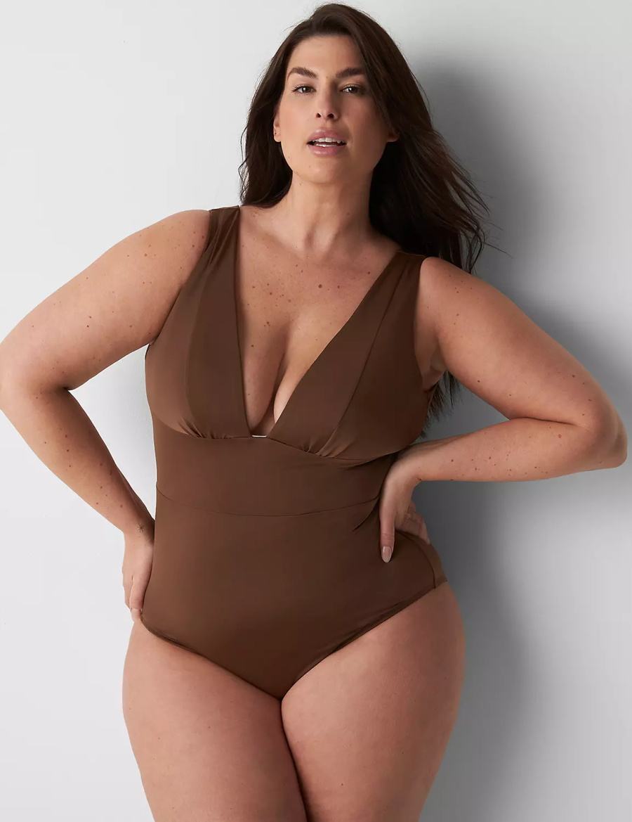 Lane Bryant No-Wire Plunge One-Piece Women Swimsuits Dark Brown | EFZ804QE