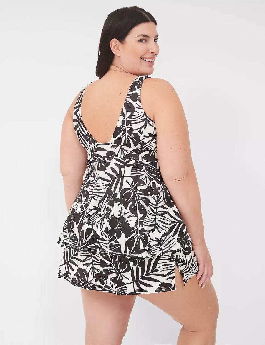 Lane Bryant No-Wire Plunge Tankini Women Bikini Top White Black | YOM9236YZ