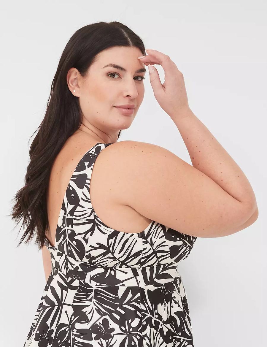 Lane Bryant No-Wire Plunge Tankini Women Bikini Top White Black | YOM9236YZ