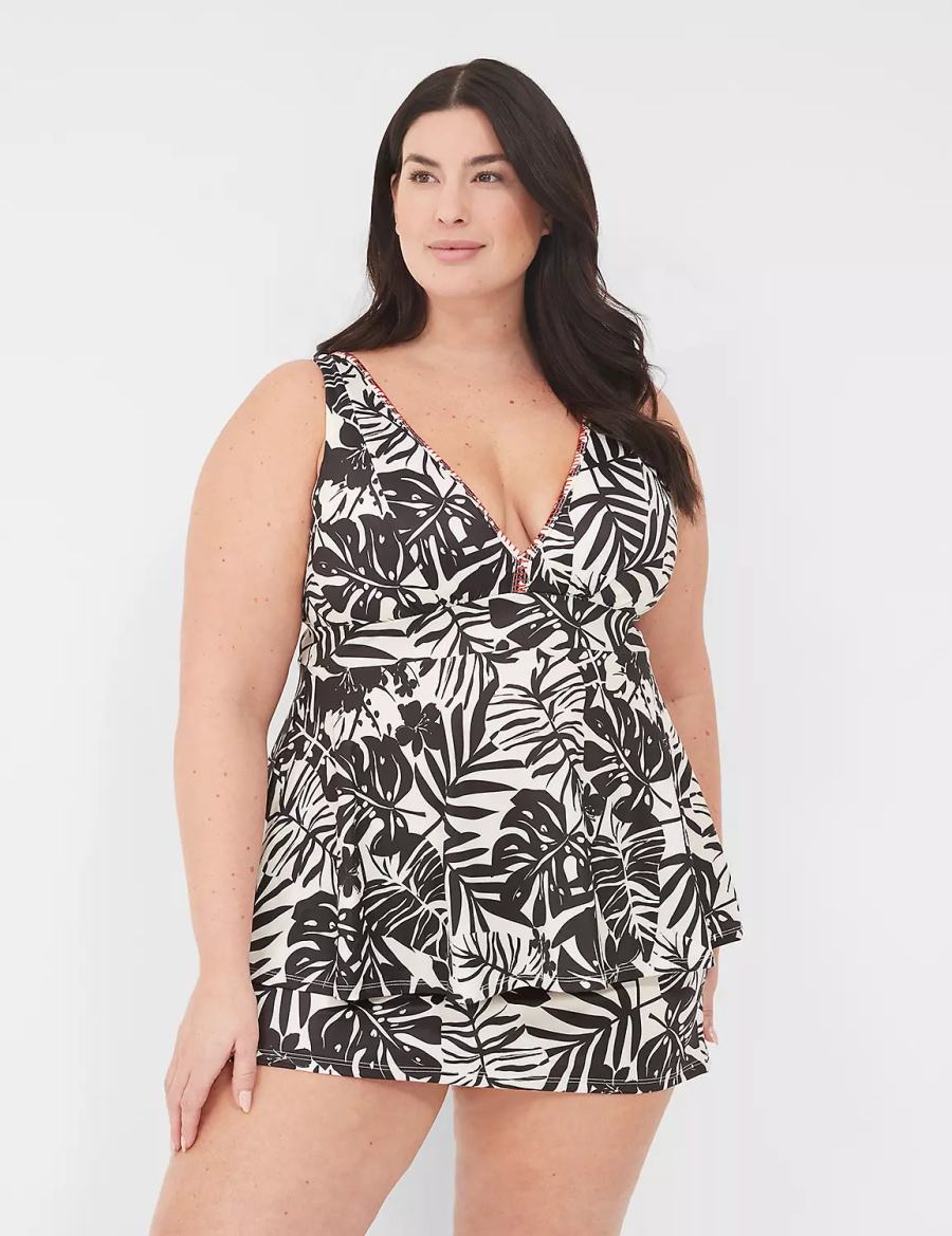 Lane Bryant No-Wire Plunge Tankini Women Bikini Top White Black | YOM9236YZ